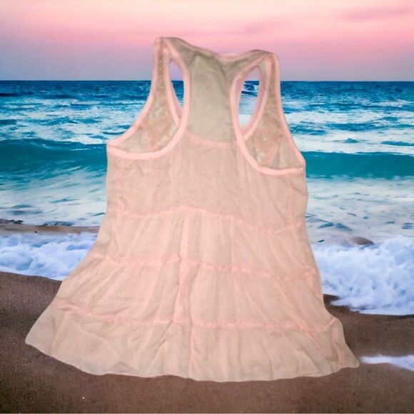 Hollister Top Pink Sheer Floral Lace Trim Sheer Tiered Racerback Tank Size XS - Picture 4 of 16